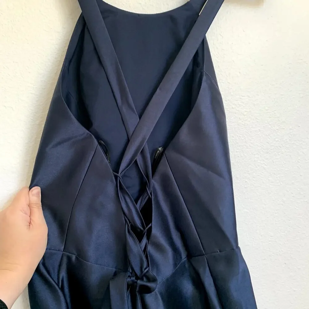 ALFRED SUNG Navy Blue Satin Dress with Lace-Up Back - Picture 6 of 11